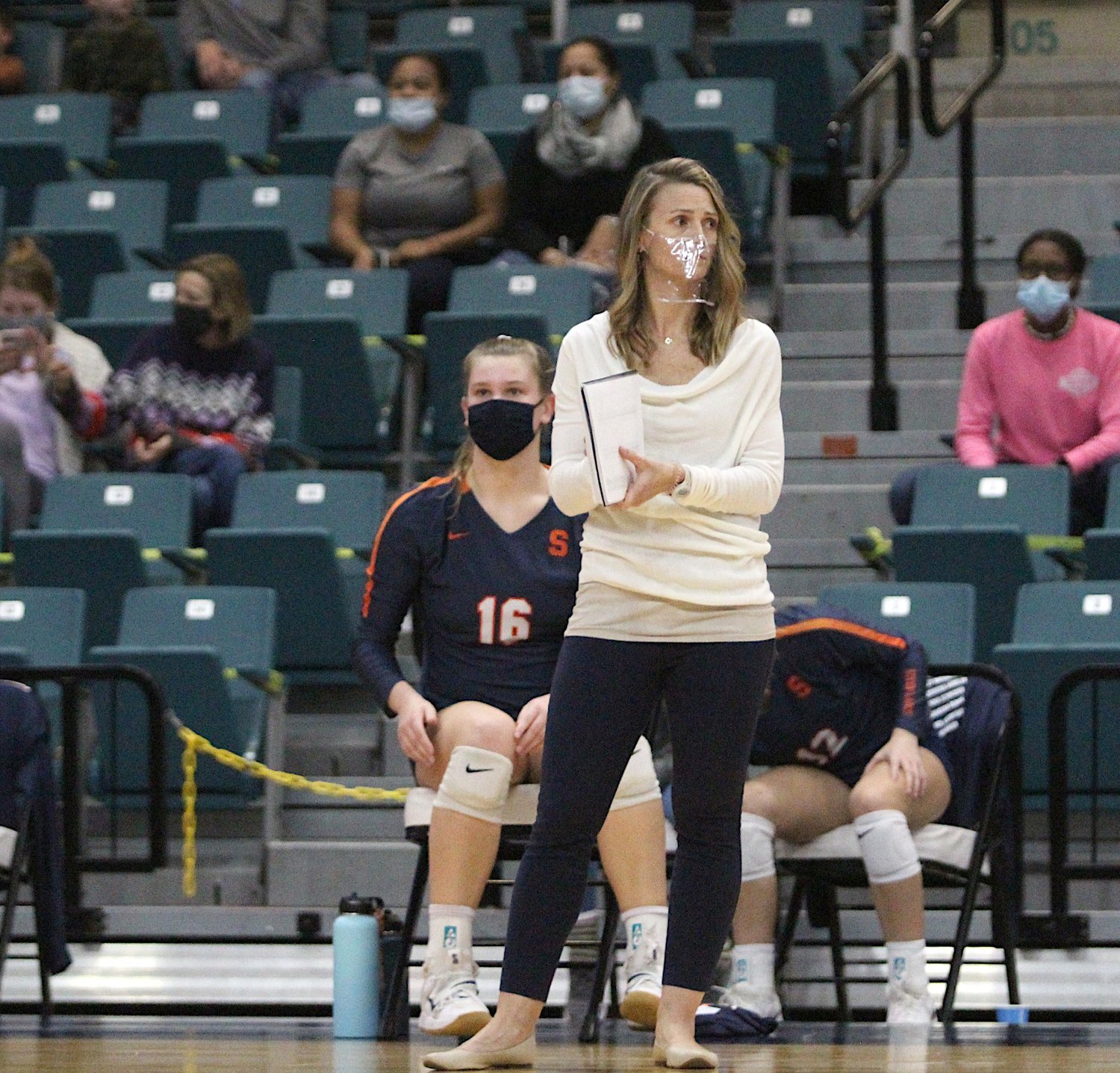 Seven Lakes coach Amy Cataline looks on during the team's Class 6A regional final match against Katy on Dec. 4 at the Merrell Center.